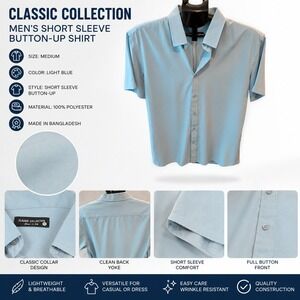 Classic Collection Mens Short Sleeve Button Down Shirt Light Blue Size Medium‎